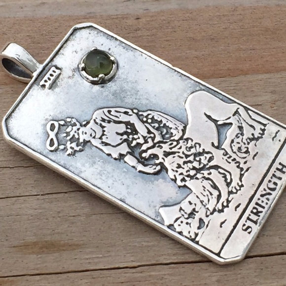 Strength Tarot Card Pendant .925 Sterling Silver w/ genuine Peridot gem USA - Picture 2 of 8